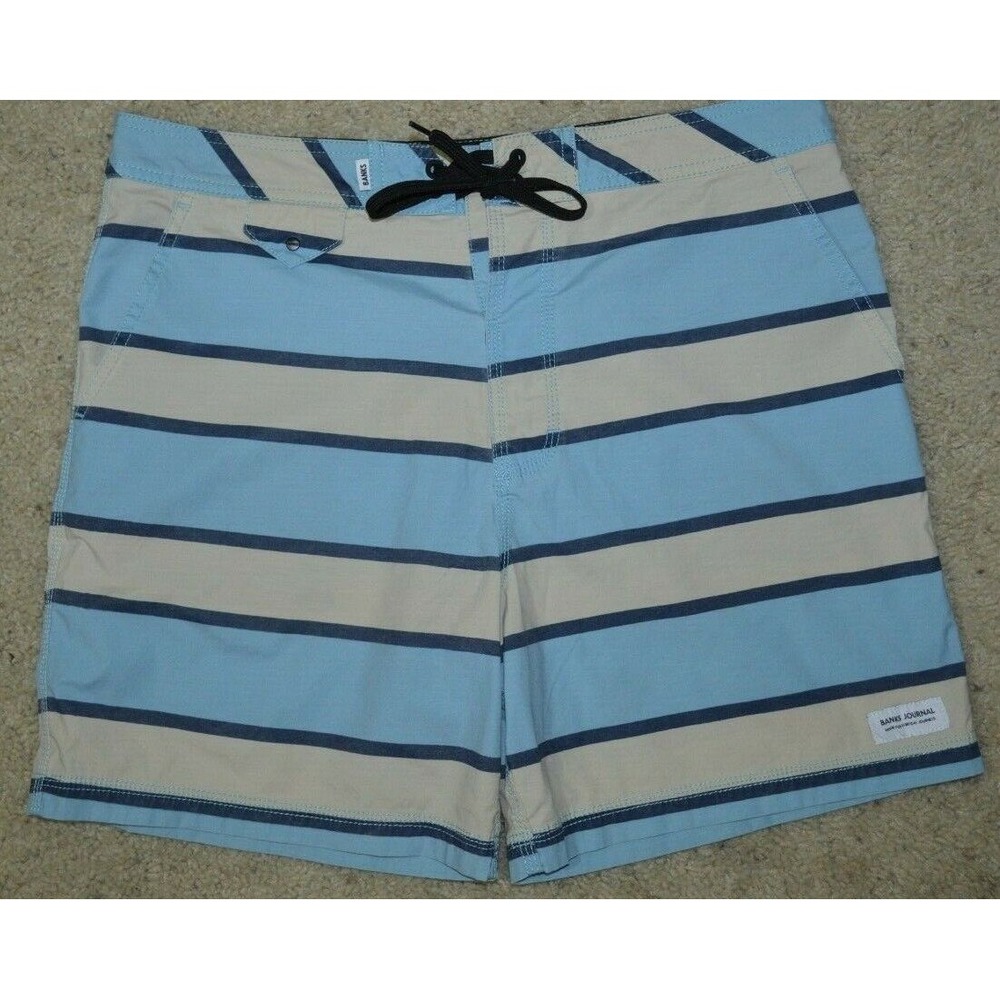 BANKS JOURNAL Size 34 Board Shorts‎ Stretch Swim Trunks Blue & Beige Stripe